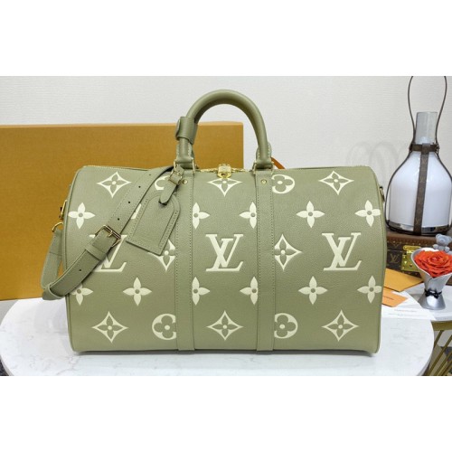 Louis Vuitton M46671 Keepall Bandoulière 45 Bag in Kaki Fango   Cream Monogram Empreinte embossed leather