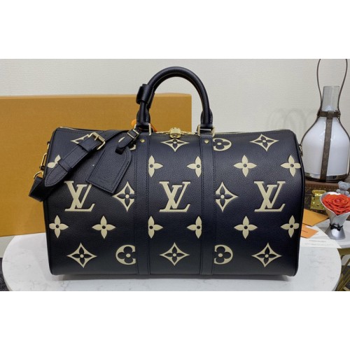 Louis Vuitton M46670 Keepall Bandoulière 45 Bag in Black Beige Monogram Empreinte embossed leather