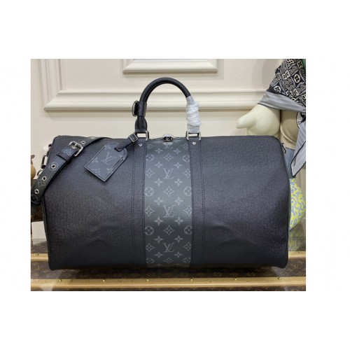 Louis Vuitton M53763 Keepall 50 Bandoulière Bag in Black Taiga cowhide leather and Monogram Eclipse coated canvas