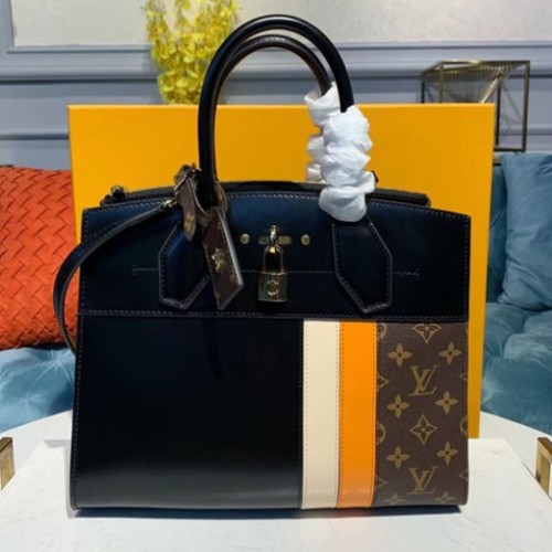 Louis Vuitton M55433 City Steamer MM handbags Black Yellow Beige Calf leather and Monogram Canvas Louis Vuitton M55433 City Steamer MM handbags Black Yellow Beige Calf leather and Monogram Canvas