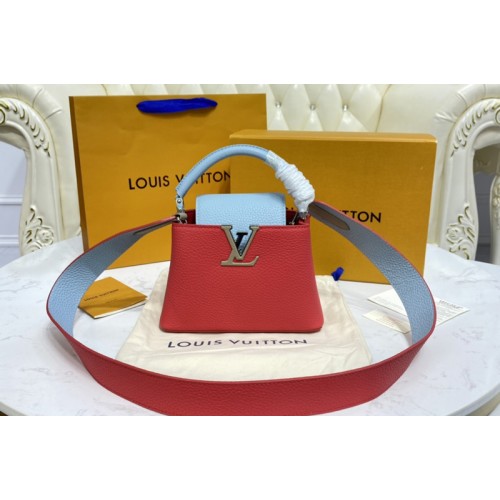 Louis Vuitton M57520 Capucines Mini handbag in Coral Greige Beige Olympe Blue Taurillon leather