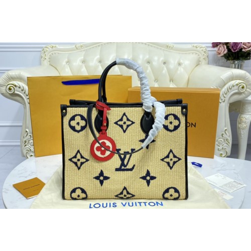 Louis Vuitton M57723 OnTheGo MM tote bag in Blue Monogram Raffia
