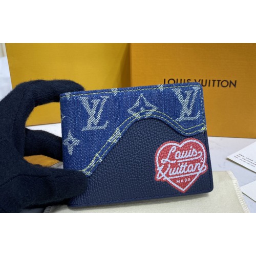 Louis Vuitton M60895 Monogram Denim Multiple Wallet in Blue Monogram denim and Navy Blue Taurillon leather Louis Vuitton M60895 Monogram Denim Multiple Wallet in Blue Monogram denim and Navy Blue Taurillon leather