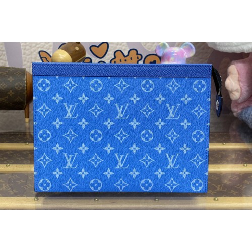 Louis Vuitton M61692 Pochette Voyage MM in Blue Taiga cowhide leather and Monogram Eclipse coated canvas