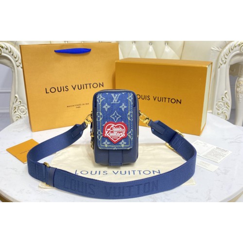 Louis Vuitton M81060 flap double phone pouch in Blue Monogram denim and Navy Blue Taurillon leather Louis Vuitton M81060 flap double phone pouch in Blue Monogram denim and Navy Blue Taurillon leather