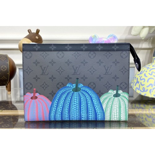 Louis Vuitton M81973 x YK Pochette Voyage Bag in Monogram Eclipse Reverse coated canvas with colorful Pumpkin print