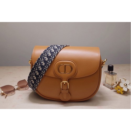 Christian Dior M9320 Large Dior Bobby Bag in Dark Tan Box Calfskin with Blue Dior Oblique Embroidered Strap