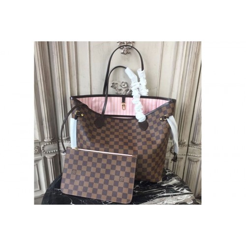 Louis Vuitton N41603 Neverfull MM Bag in Damier Ebene Canvas With Pink
