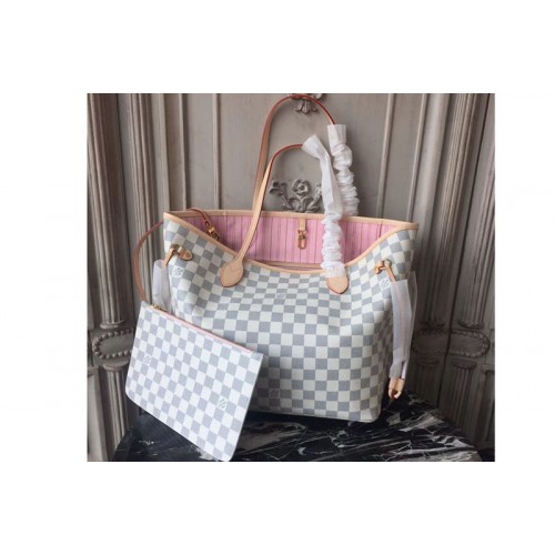 Louis Vuitton N41605 Neverfull MM Bag in Damier Azur Canvas With Pink
