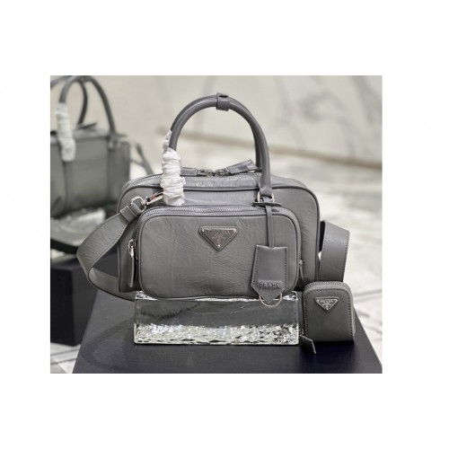 Prada 1BB099 Antique nappa leather multi-pocket top-handle bag in Gray Leather