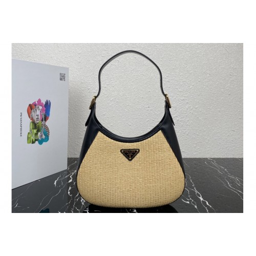 Prada 1BC179 Fabric and leather shoulder bag in Tan Black Straw wicker