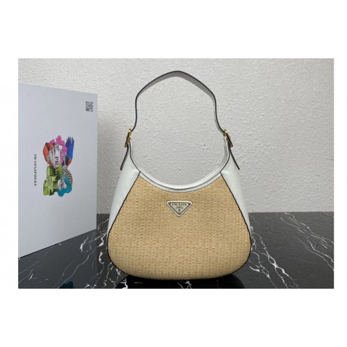 Prada 1BC179 Fabric and leather shoulder bag in Tan White Straw wicker Prada 1BC179 Fabric and leather shoulder bag in Tan White Straw wicker