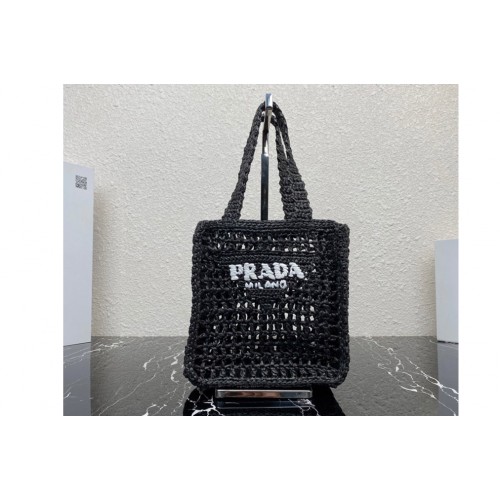Prada 1BG444 Small crochet tote bag in Black Straw wicker