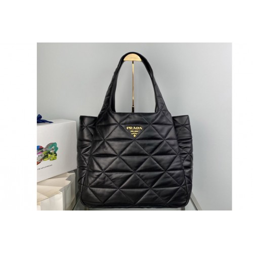 Prada 1BG449 Large nappa-leather tote bag with topstitching in Black Leather