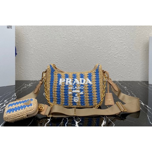 Prada 1BH204 Prada Re-Edition 2005 raffia bag in Tan Light Blue