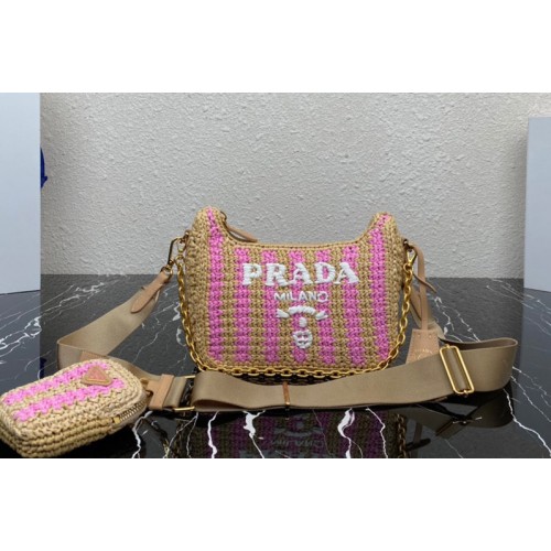 Prada 1BH204 Prada Re-Edition 2005 raffia bag in Tan Pink
