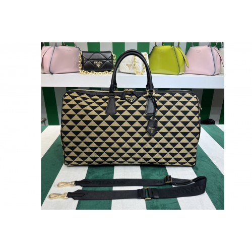 Prada 2VC018 Large Prada Symbole embroidered fabric travel bag in Black Beige