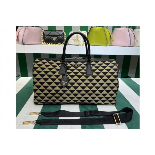 Prada 2VC034 Medium Prada Symbole embroidered fabric travel bag in Black Beige Prada 2VC034 Medium Prada Symbole embroidered fabric travel bag in Black Beige