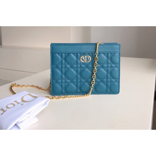 Christian Dior S5106 Dior Caro zipped pouch with chain in Blue Supple Cannage Calfskin