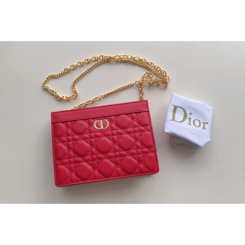 Christian Dior S5106 Dior Caro zipped pouch with chain in Red Supple Cannage Calfskin Christian Dior S5106 Dior Caro zipped pouch with chain in Red Supple Cannage Calfskin