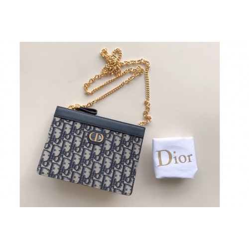 Christian Dior S5106 Dior Caro zipped pouch with chain in Blue Dior Oblique Embroidered