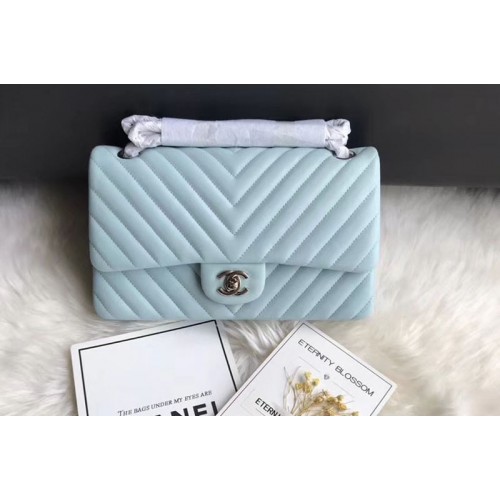 Chanel Flap Bag Original  Chevron Sheepskin Leather 1112  Light Blue Silver Chain