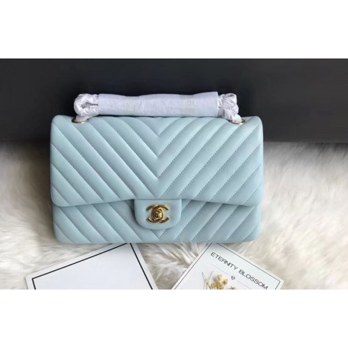 Chanel Flap Bag Original  Chevron Sheepskin Leather 1112  Light Blue Gold Chain