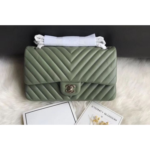 Chanel Flap Bag Original  Chevron Sheepskin Leather 1112  Green Gold Chain