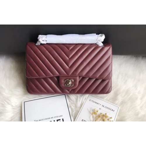 Chanel Flap Bag Original  Chevron Sheepskin Leather 1112  Wine Silver Chain