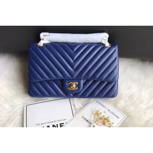 Chanel Flap Bag Original  Chevron Sheepskin Leather 1112  Blue Gold Chain
