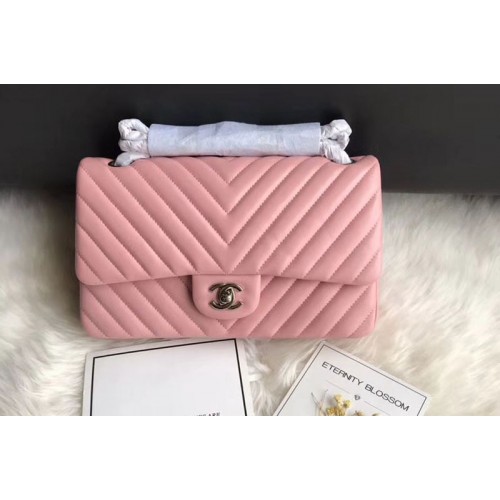 Chanel Flap Bag Original  Chevron Sheepskin Leather 1112  Pink Silver Chain