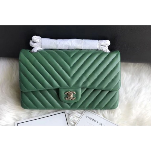 Chanel Flap Bag Original  Chevron Sheepskin Leather 1112  Green Silver Chain