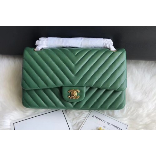 Chanel Flap Bag Original  Chevron Sheepskin Leather 1112  Green Gold Chain