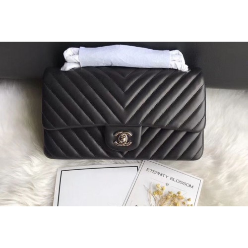 Chanel Flap Bag Original  Chevron Sheepskin Leather 1112  Black Silver Chain