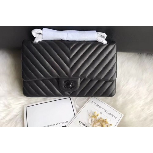Chanel Flap Bag Original  Chevron Sheepskin Leather 1112  Black Black Chain