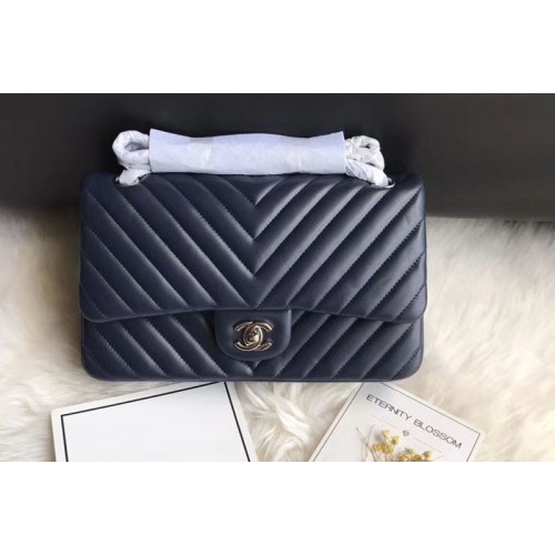 Chanel Flap Bag Original  Chevron Sheepskin Leather 1112  Blue Silver Chain