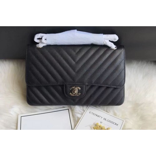 Chanel Original Calfskin Leather Flap Bag  CF1112 Dark Black Silver Chain