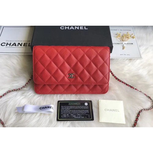 Chanel WOC Flap Original Calfskin Leather Shoulder Bags A33814 Red Silver Chain