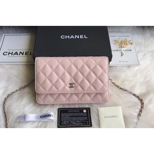 Chanel WOC Flap Original Calfskin Leather Shoulder Bags A33814 Pink Silver Chain