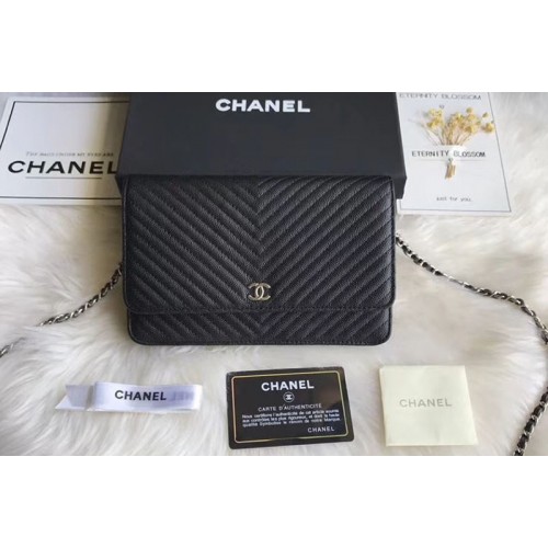 Chanel WOC Original Caviar Leather Flap cross-body bag V33814 Black Silver chain