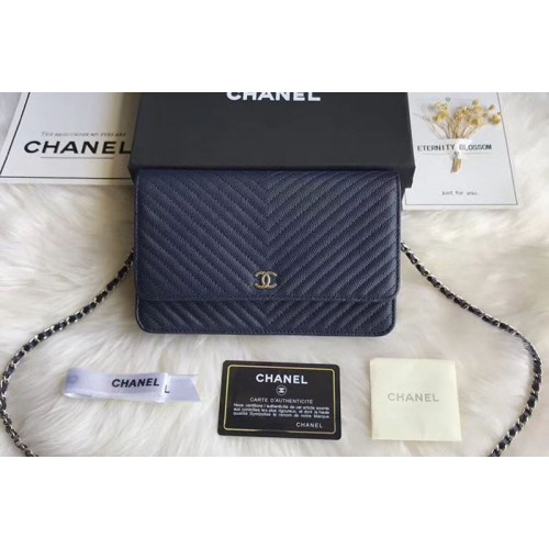 Chanel WOC Original Caviar Leather Flap cross-body bag V33814 Dark Blue Silver Chain