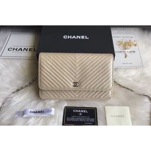 Chanel WOC Original Caviar Leather Flap cross-body bag V33814 Beige Silver Chain