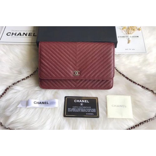 Chanel WOC Original Caviar Leather Flap cross-body bag V33814 Wine Silver Chain