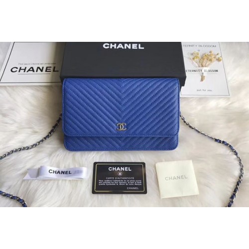 Chanel WOC Original Caviar Leather Flap cross-body bag V33814 Blue Silver chain