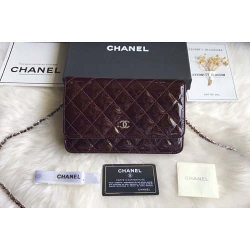 Chanel WOC Flap Bag Original Patent Leather A33814 Wine Silver Chain