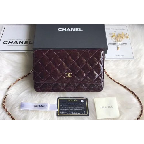 Chanel WOC Flap Bag Original Patent Leather A33814 Wine Gold Chain