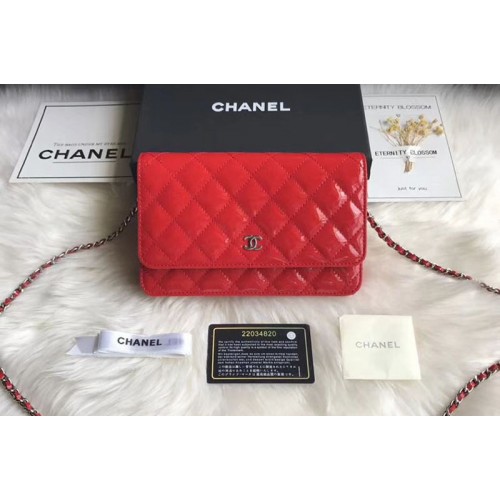 Chanel WOC Flap Bag Original Patent Leather A33814 Red Silver Chain