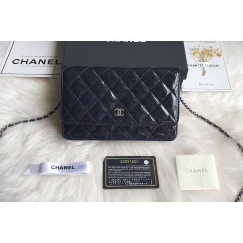 Chanel WOC Flap Bag Original Patent Leather A33814 Navy Blue Silver Chain