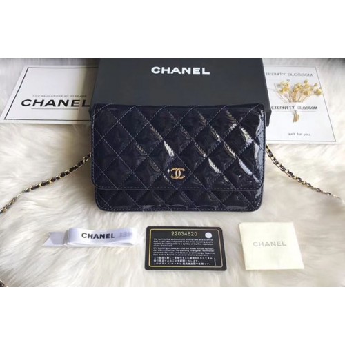 Chanel WOC Flap Bag Original Patent Leather A33814 Navy Blue Gold Chain Chanel WOC Flap Bag Original Patent Leather A33814 Navy Blue Gold Chain