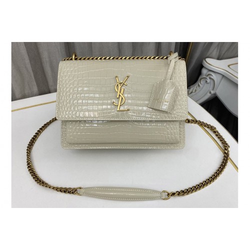 YSL SUNSET MEDIUM bag IN White CROCODILE-EMBOSSED LEATHER